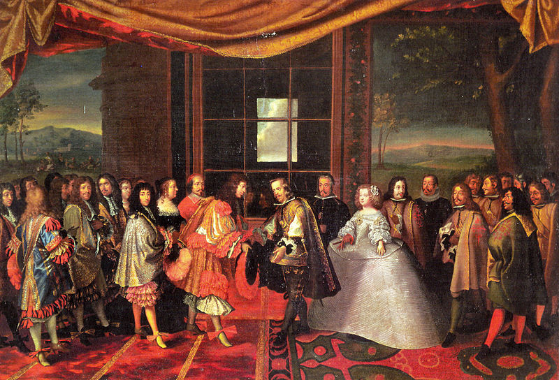 Treaty of the Pyrenees, Louis XIV and Philip IV meet at Isle of Pheasants,  1659 CE, November 7th, inconclusive end of the Franco-Spanish War (1635-1659),  by Jacques Laumosnier,  Tesse Museum. 
